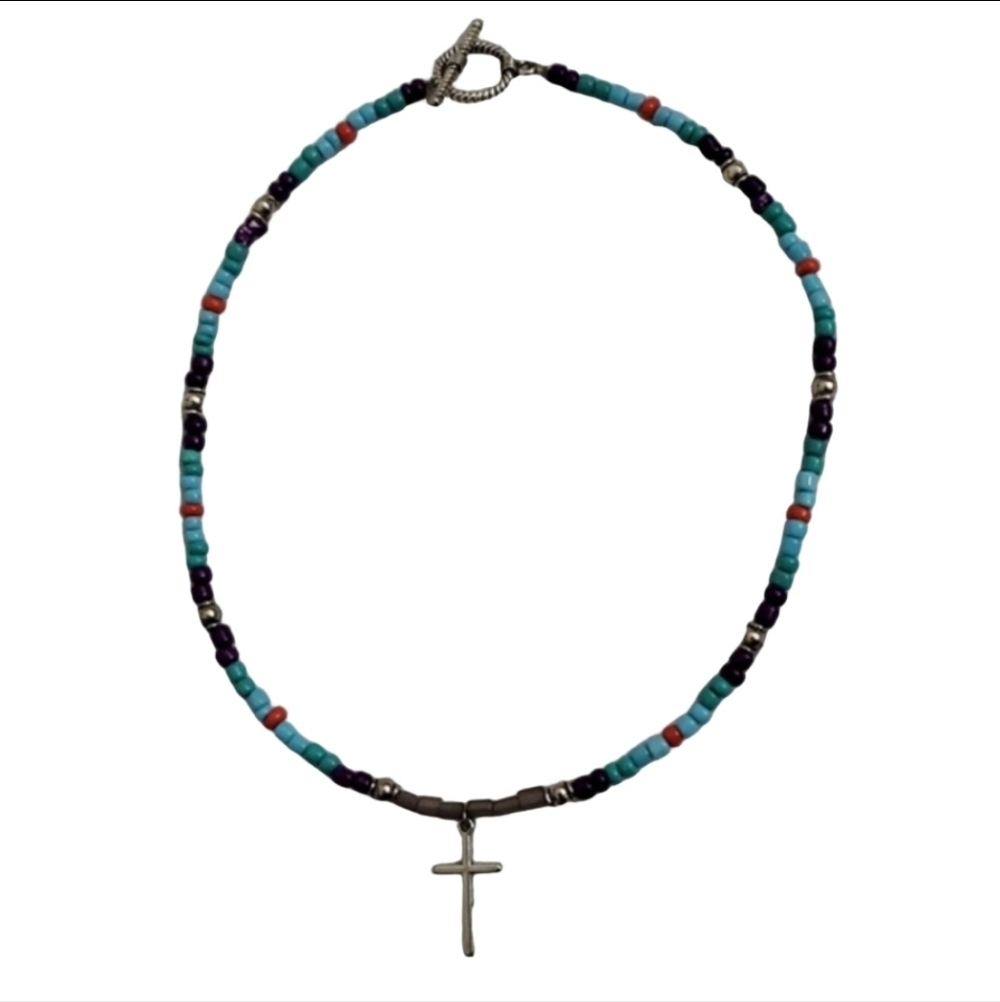 Multicolor Beaded Necklace with Cross Pendant